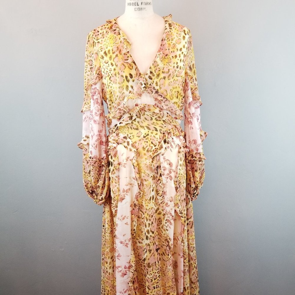 Bardot Blush & Yellow Print Frill Ruffle A Line Maxi Dress Size Medium NEW